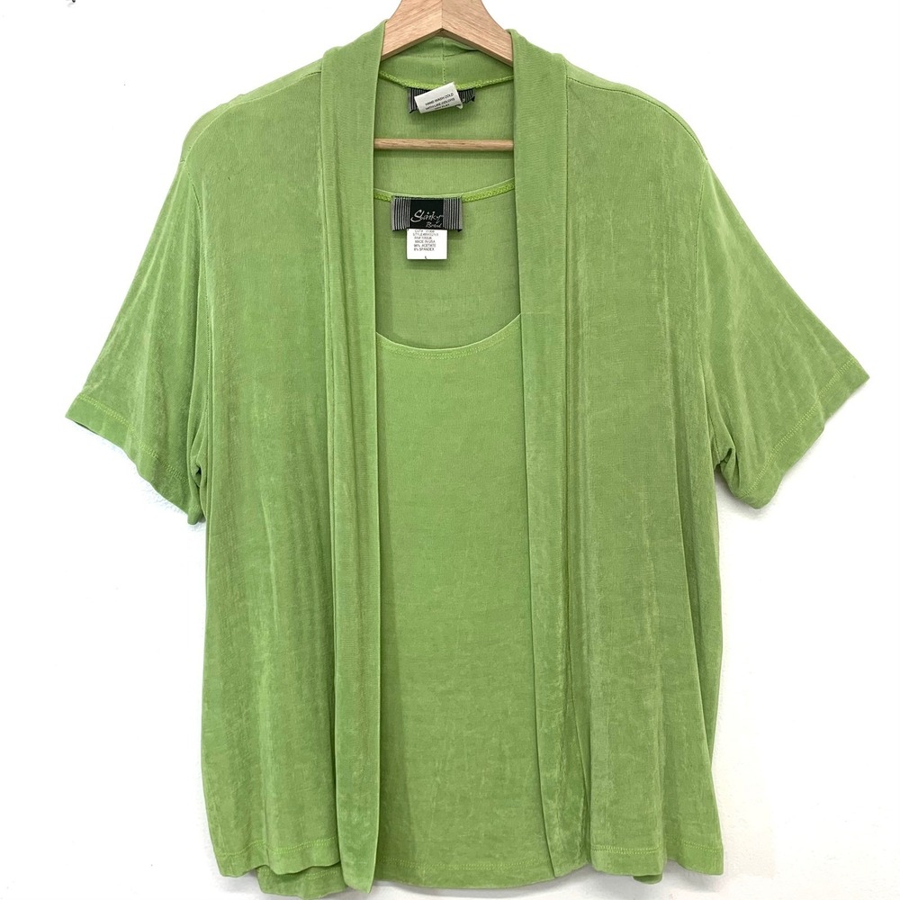 Slinky Brand Lime Green 2 Piece Cardigan and Tank Top Set Large Y2K Retro USA